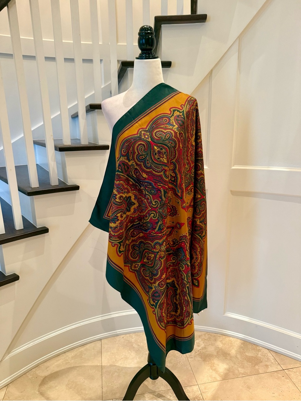 Vintage Italian Scarf: Paisley Green & Gold